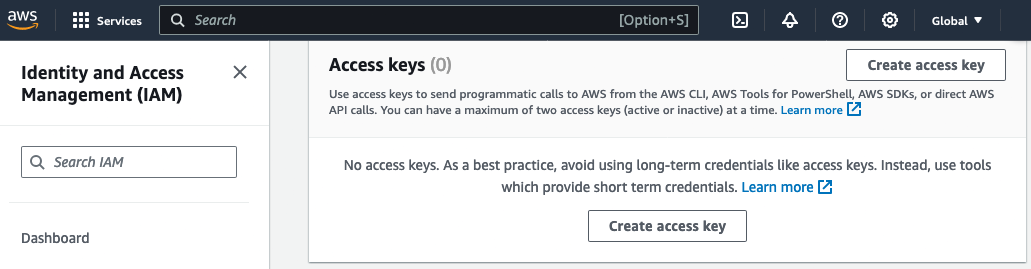 A screenshot from the AWS Console's IAM Management page where users can create access keys for an IAM user.
