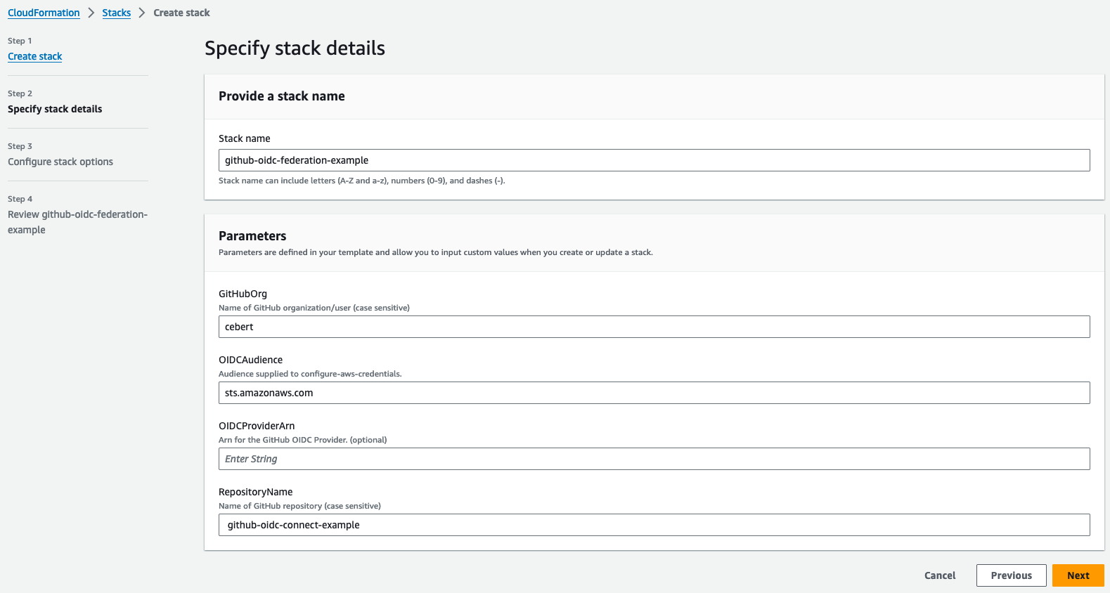 A screenshot of a CloudFormation template asking for parameters to be filled out prior to being ran.