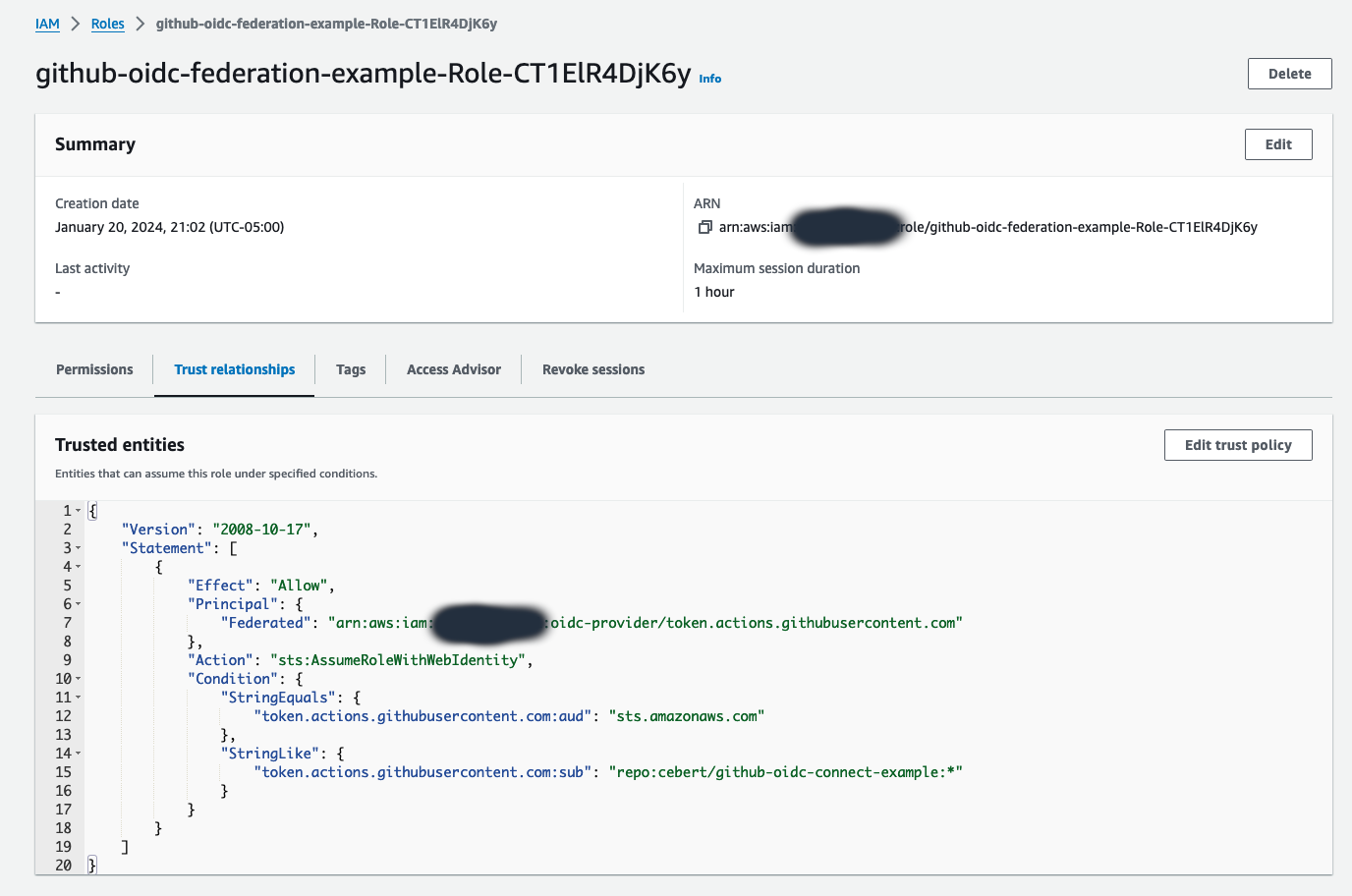 A screenshot of an IAM role with a federated trust relationship with GitHub's OIDC provider