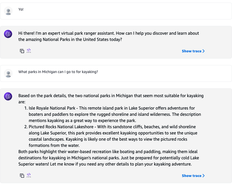 An AI chat about Michigan parks for kayaking suggests Isle Royale National Park and Pictured Rocks National Lakeshore.