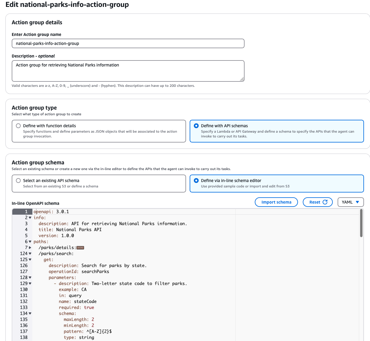 Amazon Bedrock Agent configuration screen showing the OpenAPI schema input section for defining available API operations