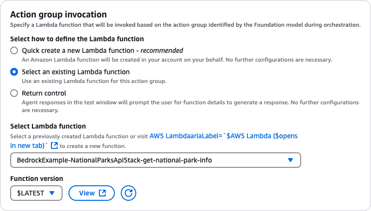 Amazon Bedrock Agent configuration showing NPS action group settings with Lambda function and OpenAPI schema integration