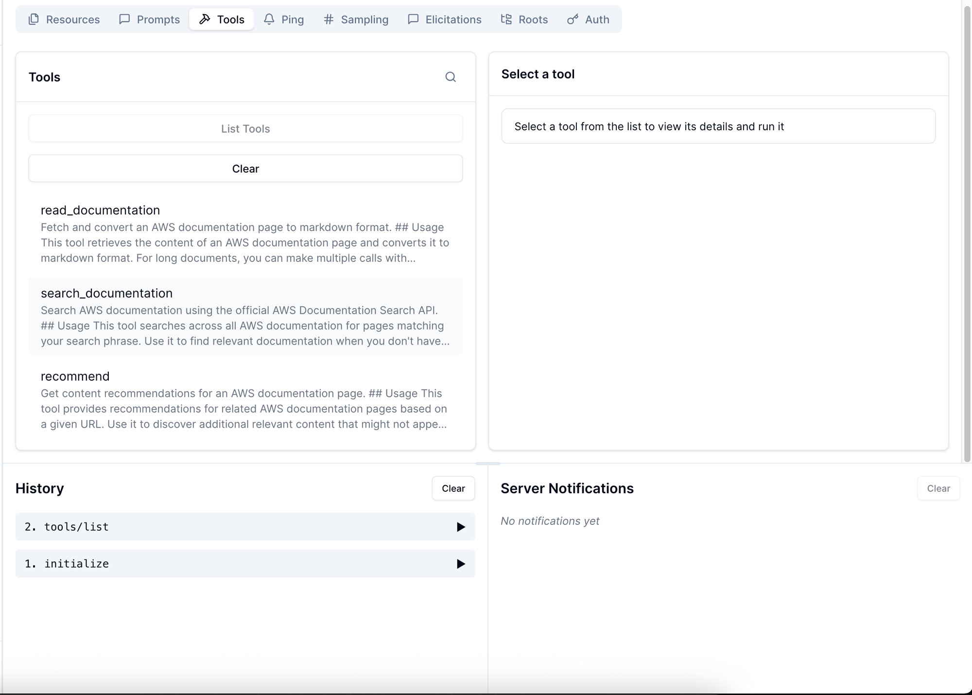 Listing of tools exposed by AWS Documentation MCP Server which includes 3 tools: read, search, and recommend
