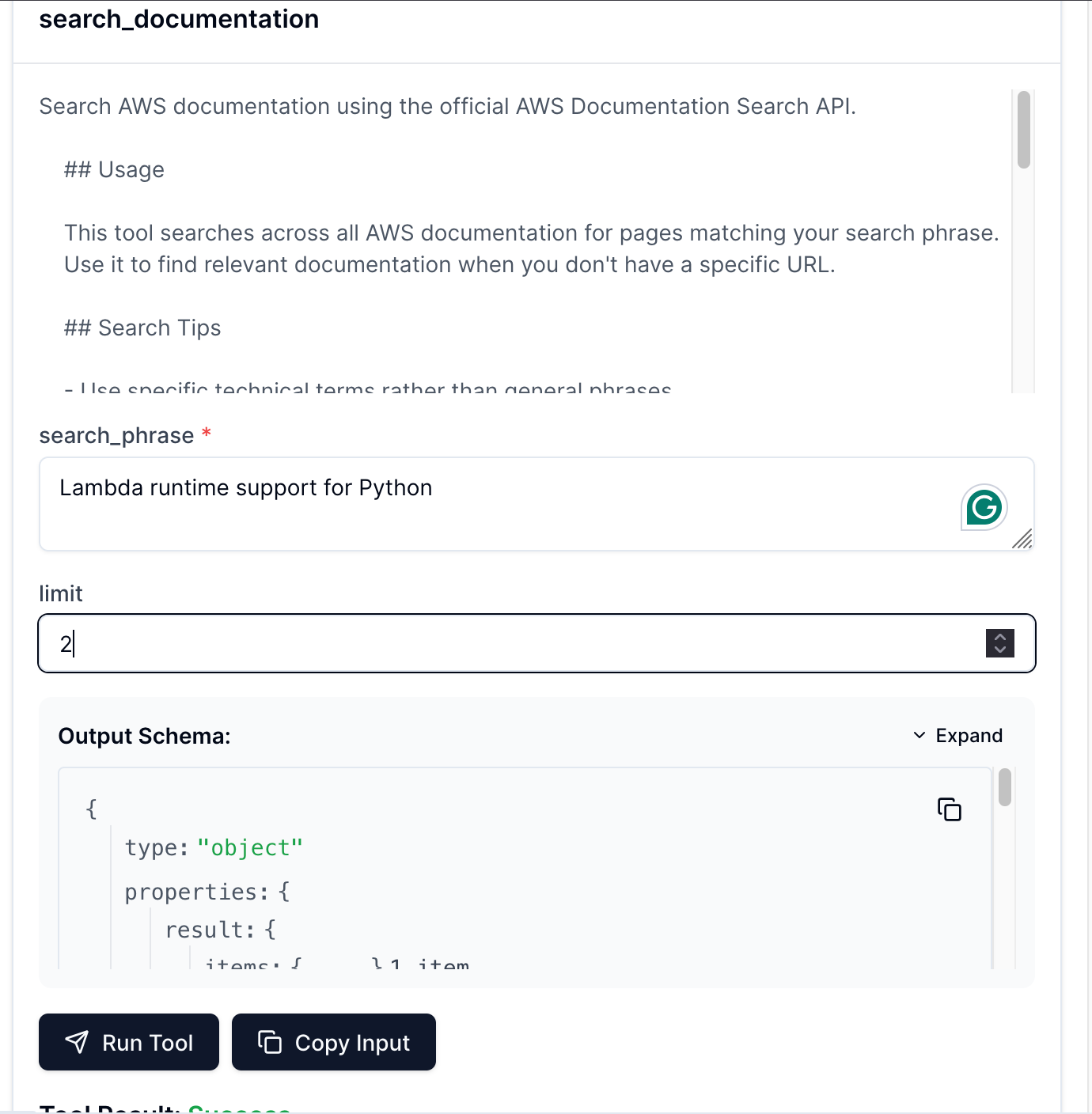 Requesting the search tool to search for "Lambda runtime support for Python" with a limit of 2 results