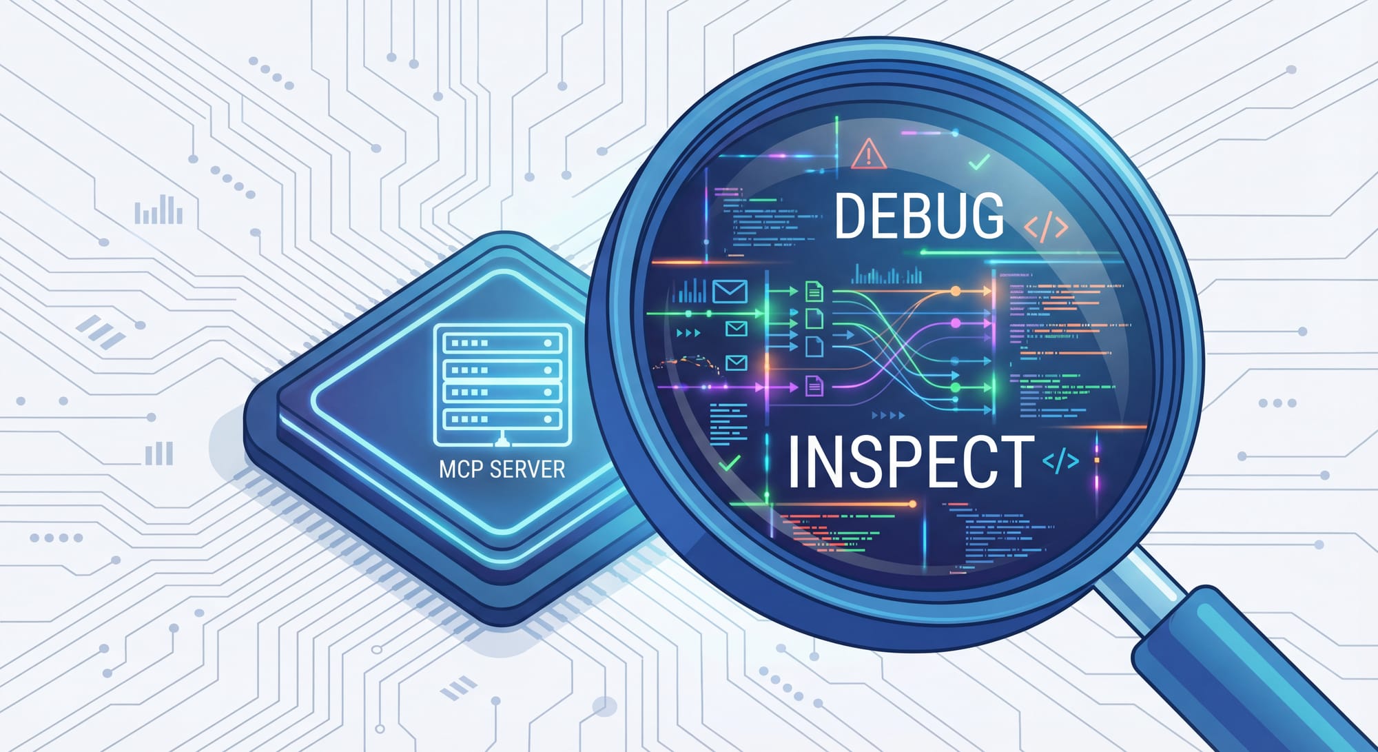 Magnifying glass inspecting MCP server data with debug and inspect code visuals on circuit background.